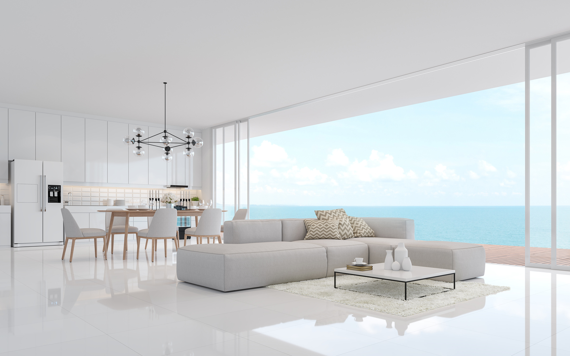 Luxury white living and dining room with sea view 3d render